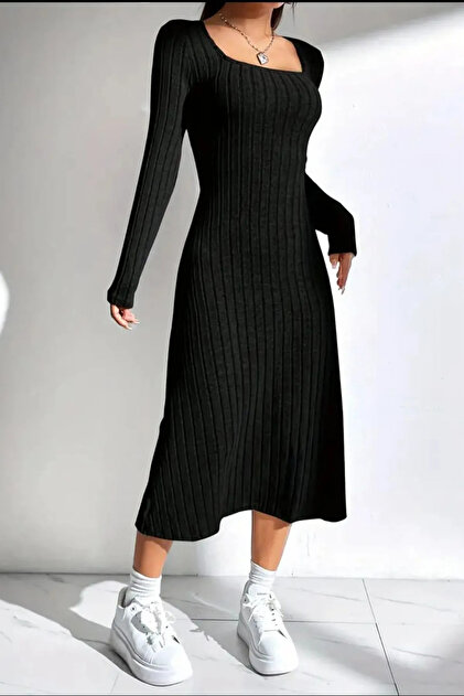 lumuteks Women's Black Trend U-Neck Thick Knitted Dress- Trendyol