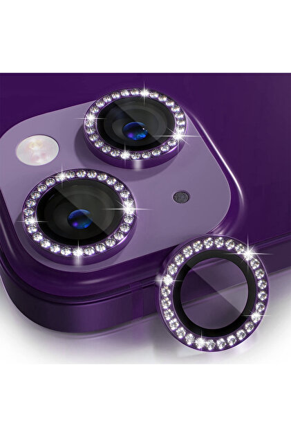 Fibaks iPhone 15/14/Plus/16E/17E Parlak Taşlı Kamera Koruma Lens