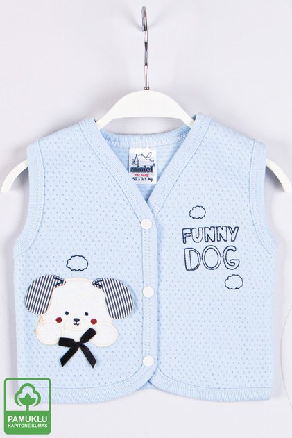 Baby Boy with Mobile Ears and Dog Embroidery Organic Cotton 1-3-6-9 Months Quilted Baby Vest - Blue