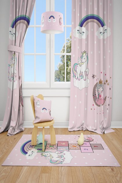 Unicorn'lu Prenses'li Desenli Çocuk Ve Bebek Odası Fon Perdesi 2 Kanat Tla-281
