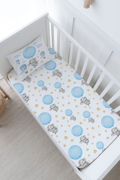 Baby Size Elastic Sheet Set - for Baby Series - Blue Big Balloon Elephant