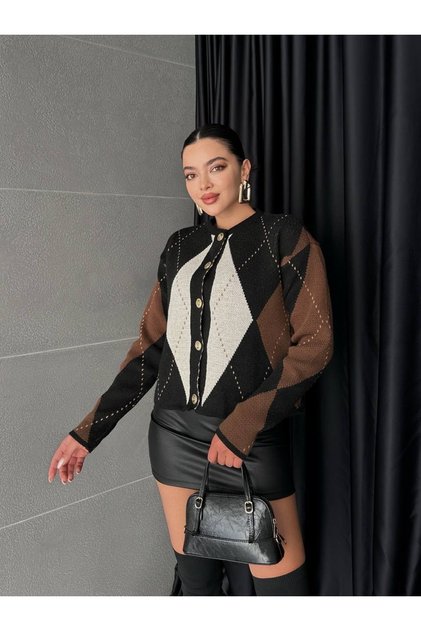 Women's Diamond Patterned Buttoned Knitwear Cardigan