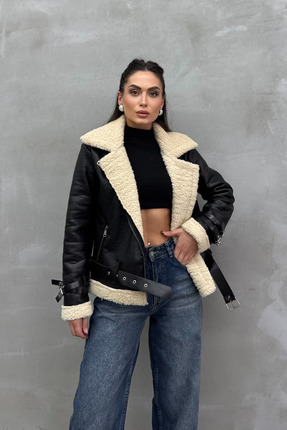 WoolnClyde Kadın Siyah Içi Kürklü Oversize Uzun Suni Deri Ceket