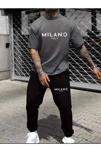 Men's Nardogri Milano Print T-shirt and Black Tracksuit Set (Top and Bottom)