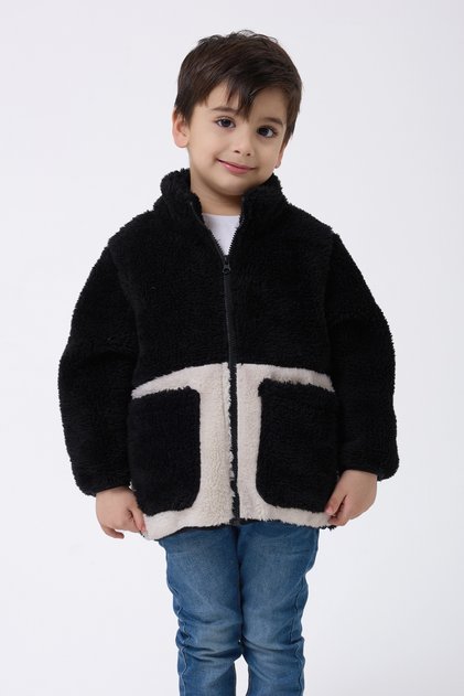 Boy's Plush Black Ecru Zippered Welsoft Winter Coat