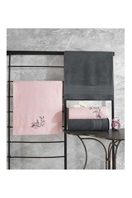 Colorful 4 Pieces (Bath Towel Large Size) Turkish Bath Towel Set-Anthracite Pink