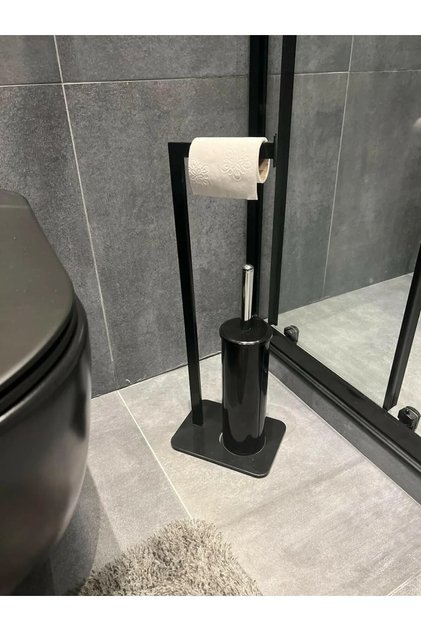 Tuvalet Kağıtlığı Siyah Fırçalı Özel Tasarım Ağır Döküm Ayaklı Devrilmez Banyo Kurulum Gerektirmez Siyah Saplı