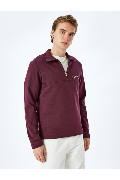 Slogan Embroidered Cotton Blend Half-Zip Sweatshirt with Raised Stitch Detail
