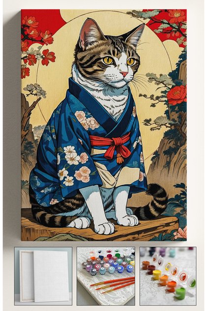 Sayılarla Boyama Hobi Seti Çerçeveli Numaralı Tuval Fırça Boya Dahil Kasnaklı JAPON KEDİ 40x50 Cm
