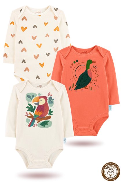 3-Piece Premium Organic Short Sleeve Printed Snap Fastener Baby Bodysuit