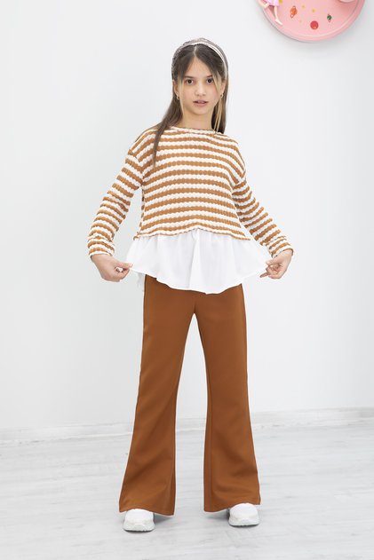 Girl's 2-Piece Set with Tan Striped Blouse and Spanish-Cut Trousers 19983