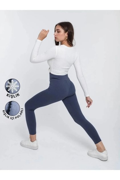 Indigo Blue Ribbed Women's Winter High Waist Ribbed Leggings with Polar Inside