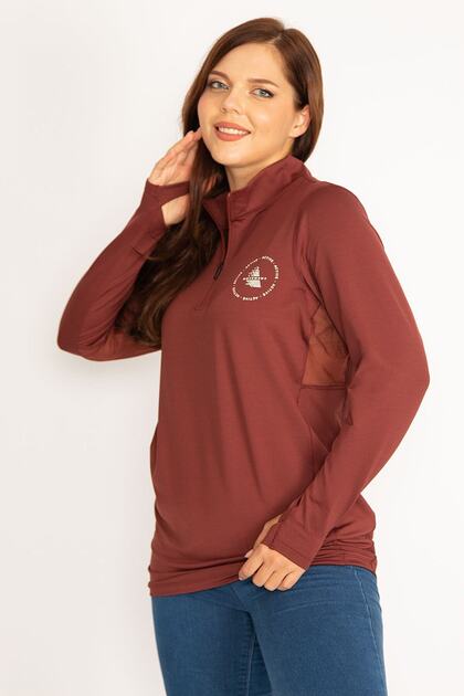 Women's Large Size Brown Front Placket Zippered Underarm Tulle Detailed Sports Sweatshirt 65n34762