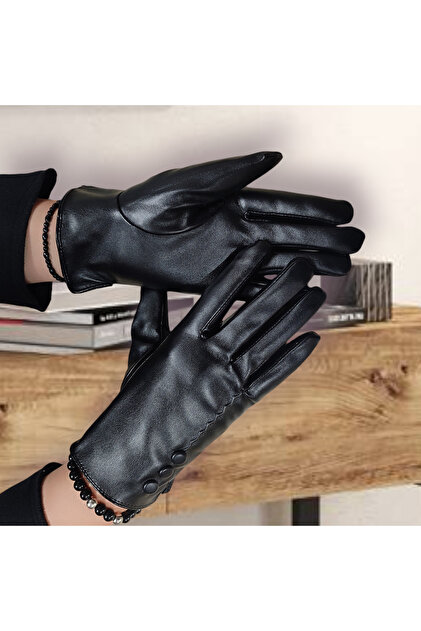Women's Black Color Luxury Faux Leather Touch Water and Cold Resistant Standard Size Gloves