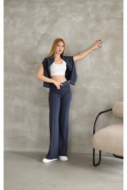 Oversized Zippered Grass Detail Wide Leg Modal Fabric Tracksuit Set