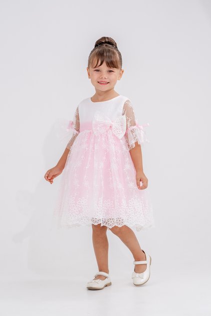 Girls' Evening Dress with Bow Detail and Ribbon Sleeves