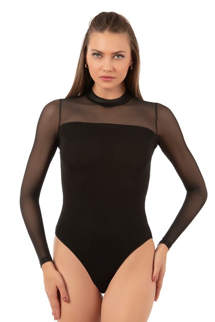 Özkan 22779 Women's Cotton Front Tulle Detailed Long Sleeve Half Turtleneck Hooked Snap Fastener Bodysuit