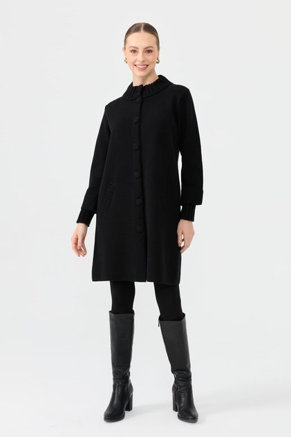Women's Stand Collar Basic Long Wool Cardigan Black