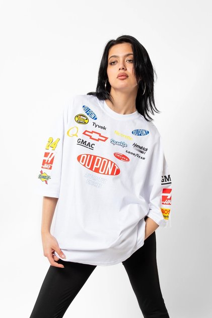 Racing Flame Printed Oversized Unisex White T-shirt