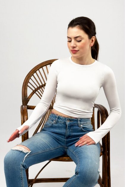 Women's Crew Neck Finger Detail Sports Bodysuit Basic Soft Touch Sports Crop White