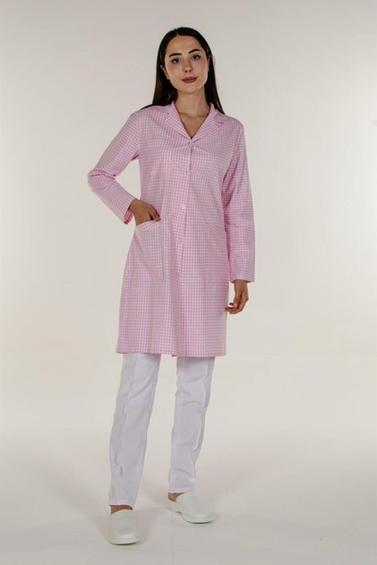 Pink Gingham Women's Work Apron with Open Collar