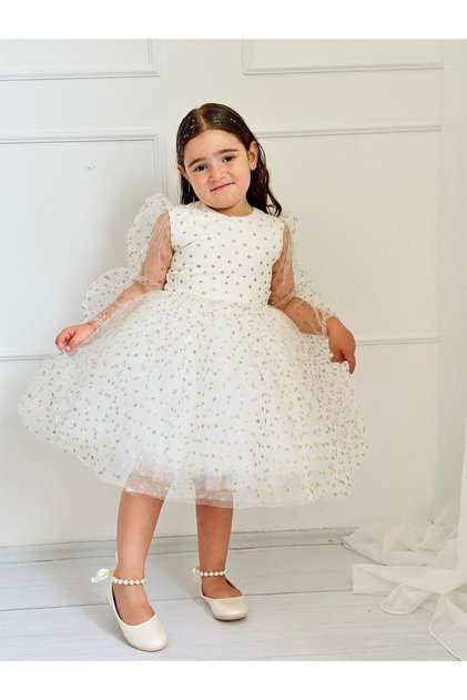 Star Glitter Cream Christmas Baby Girl Dress, Birthday, Photo Shoot Dress, Suitable for 0-12 Years Old
