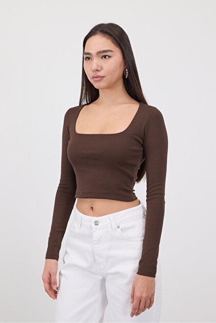 烏丸 Addax Kare Yaka Uzun Kollu Basic Crop Bluz B3713-J1 - Fiyatı