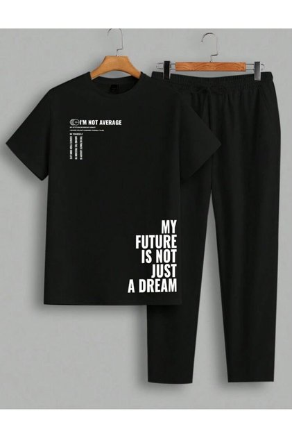 Men's My Future Is Not Just Printed T-Shirt Sweatpants Jogger Casual Fit Black Tracksuit Suit