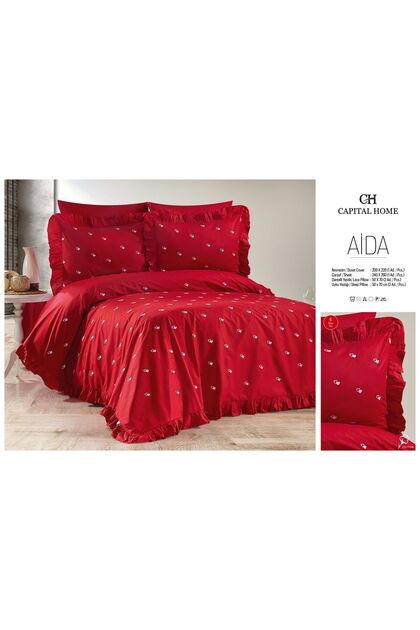 Red Bedding Set with Heart Embroidery and Ruffles, Double Size