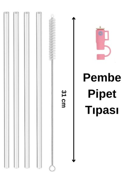4 lü Düz Cam Pipet, Stanley Adventure Quencher 31 cm 1 fırça 1 pipet tıpası