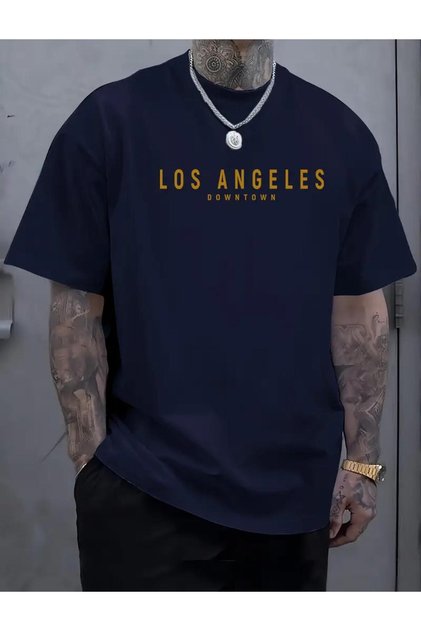 Losangeles Downtown Printed Cotton Combed Round Neck Navy Blue T-Shirt