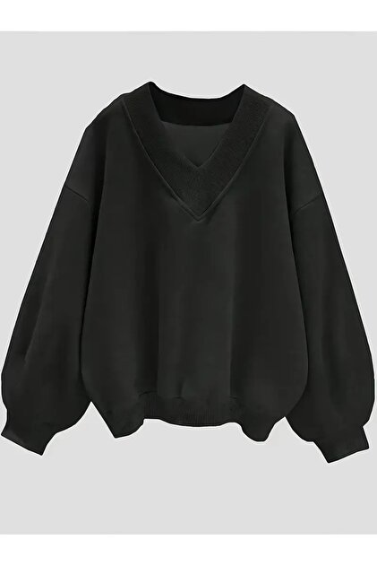 Siyah Oversize V Yaka Düz Sweatshirt