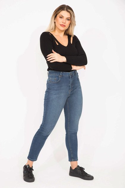 Women's Large Size Navy Blue 5 Pocket Skinny Jeans 65n35272