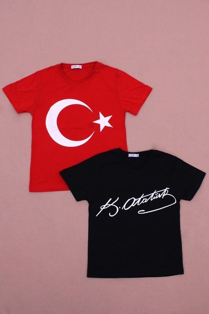Pack of 2 Atatürk-signature Different Patterned Boys' and Girls' T-shirts
