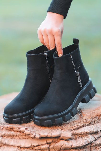 Slm-102 Zipper Detailed Black Suede Women's Boots