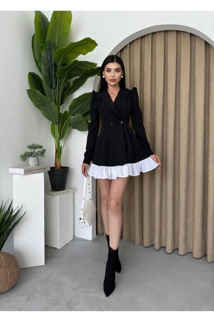 Rochie mini cu fustă evazată cu guler dublu cu model