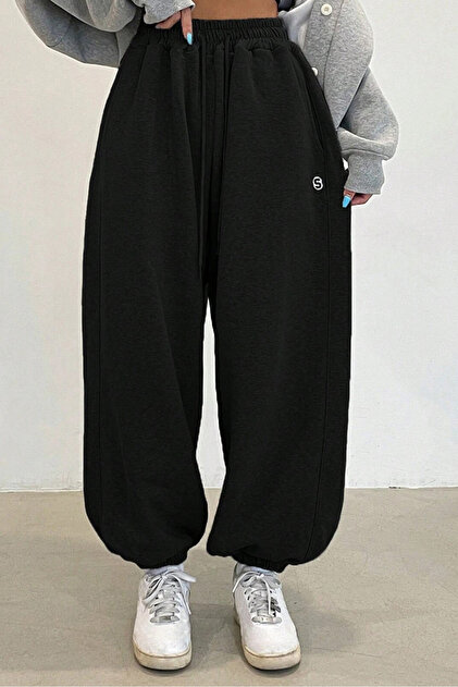 Sun Victoria Kadın Siyah Iki Iplik Oversize Jogger Eşofman Altı