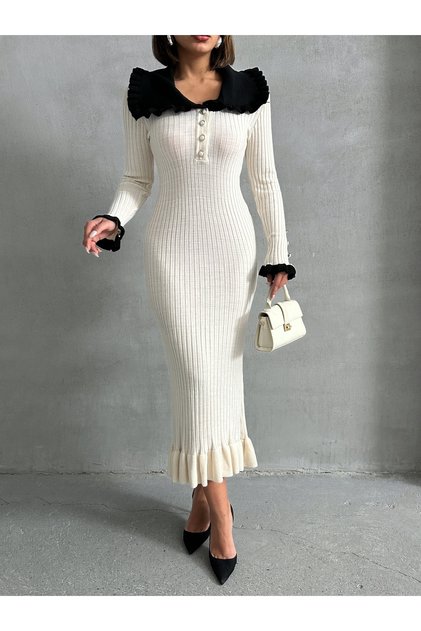 Women's Ecru Stylish Neckline Detailed Midi Length Knitwear Dress