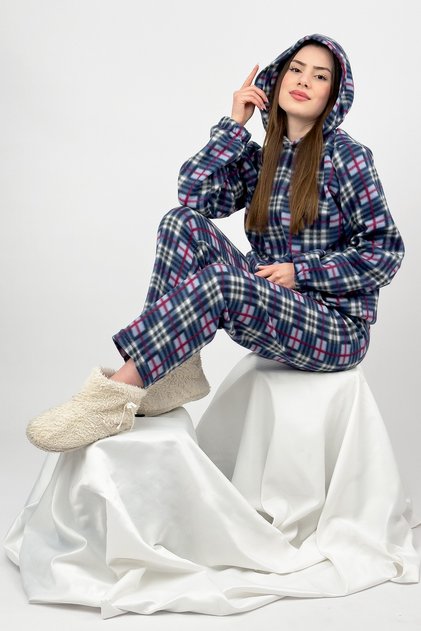 Women's Winter Fleece Bottom-Top Elastic Waist Hooded Pajama Set Blue Square