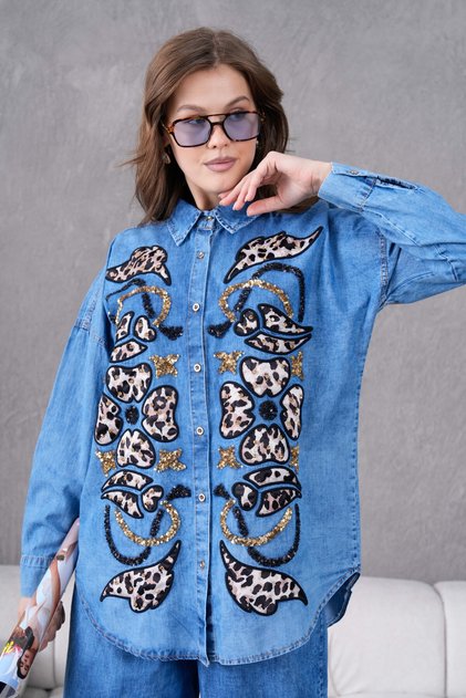 Womens Front Sequin and Embroidered Leopard Printed Denim Shirt and Jeans Top and Bottom Set