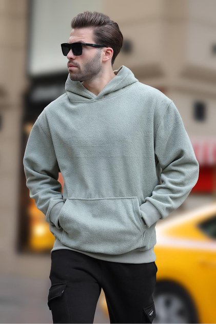 Green Hooded Fleece Men's Sweatshirt with Pocket Detail 7093