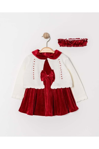 Baby Neck Bow Detailed Velvet Fabric Bandana Girl's Knitwear Cardigan Dress Set