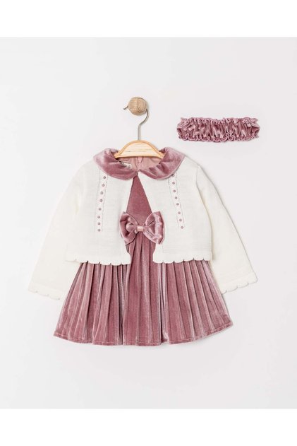 Baby Neck Bow Detailed Velvet Fabric Bandana Girl's Knitwear Cardigan Dress Set