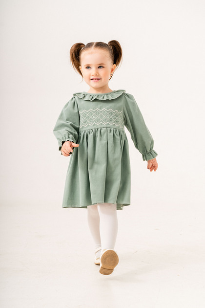 Ruffled Baby Girl Dress with Drawstring Neckline Sleeves