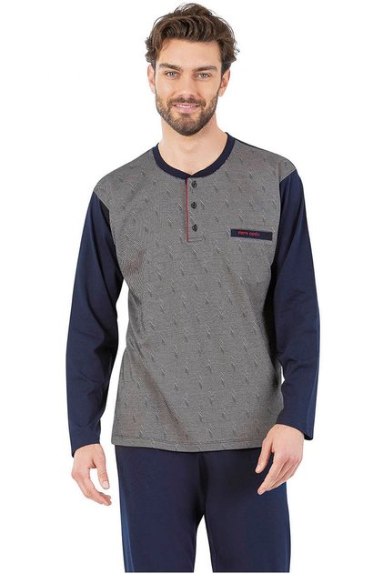 6057 Men's Long Sleeve Front Three Button Pajama Suit-Navy Blue