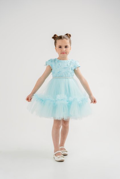 Butterfly Ruffled Blue Back Bow Detail Tulle Girl's Evening Dress