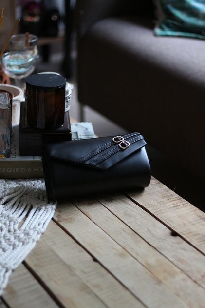 Women's Matte Black Double Belt Detailed Evening Dress Handbag