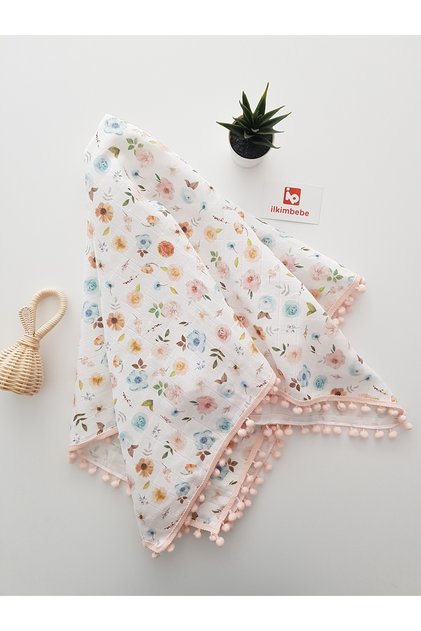 85X90 Floral Pompom Muslin Baby Blanket - 100% Cotton