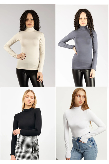 Flexible Lycra Bodysuit for Women - Set of 4 Beige, Grey, Black, White, Half Turtleneck, Long Sleeve