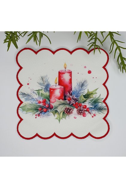 Embroidery Edge Fabric Cocktail Napkin with Watercolor Red Candles and Cockina Design 1 Piece